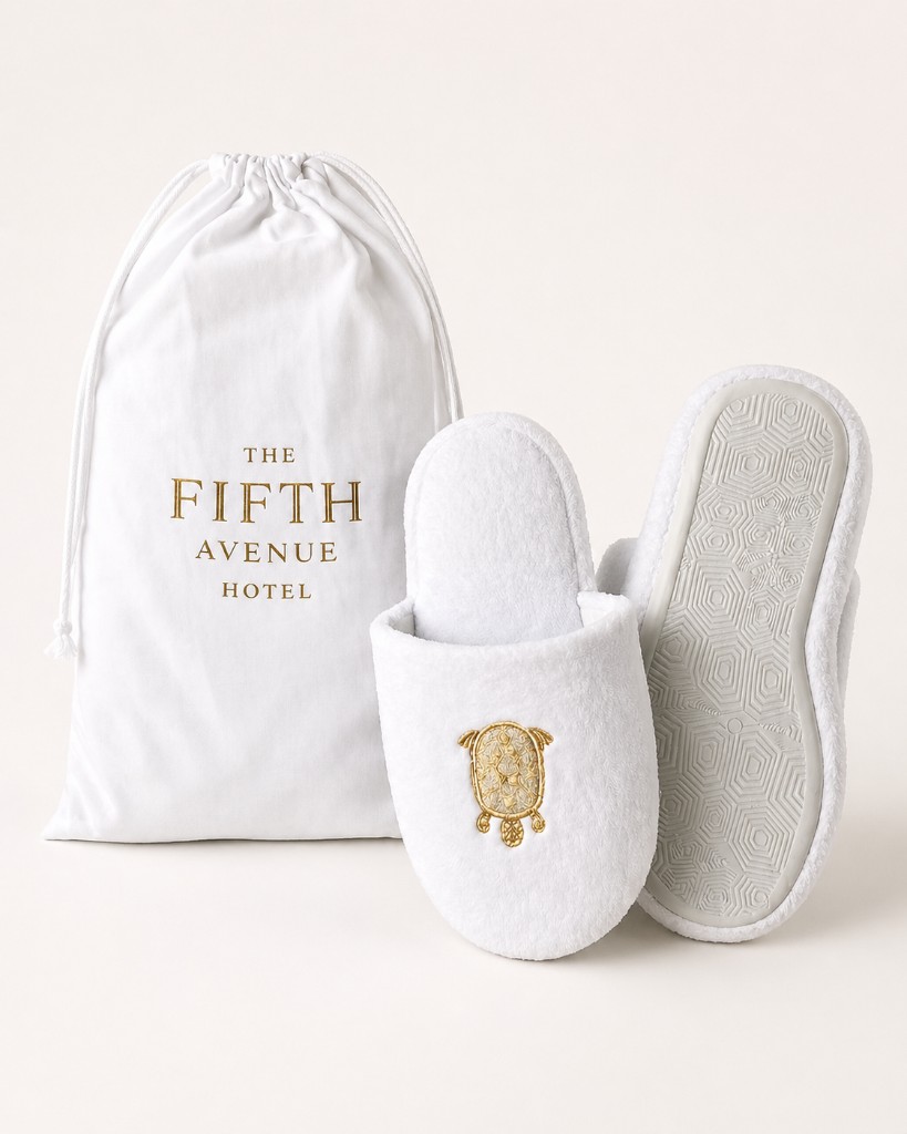 Finished Fifth Avenue Hotel slippers and drawstring bag